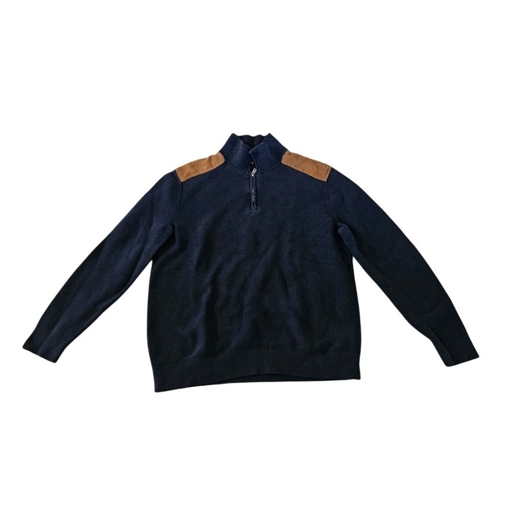 Banana Republic Mens Navy Blue Quarter Zip Sweater Suede Shoulder Patch Large